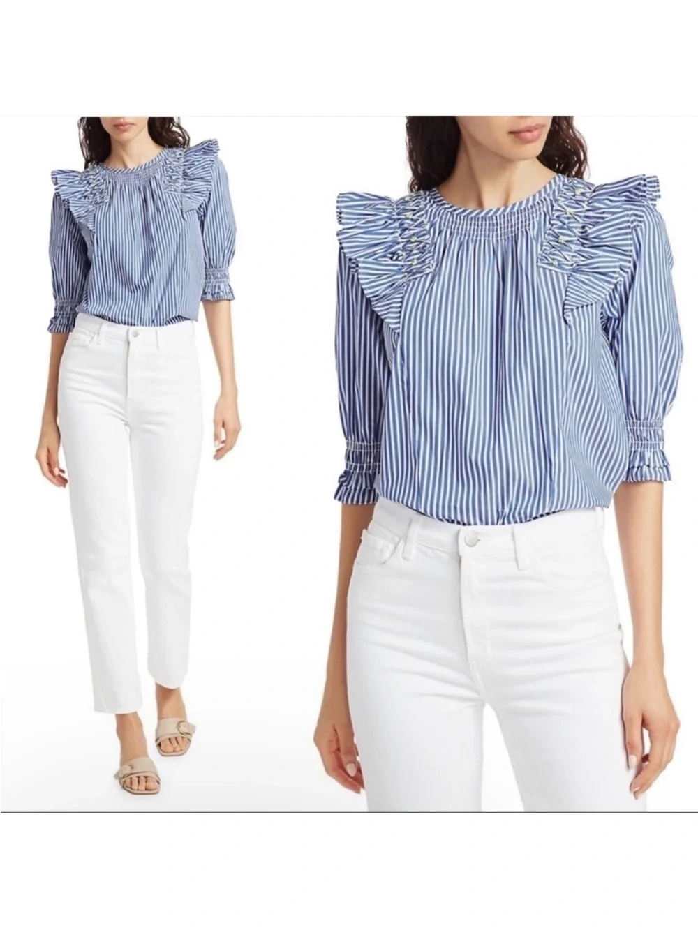 Tanya Taylor Pilar Striped Ruffle-Trim Blouse size 8 Blue White Cotton Blend - Picture 2 of 14